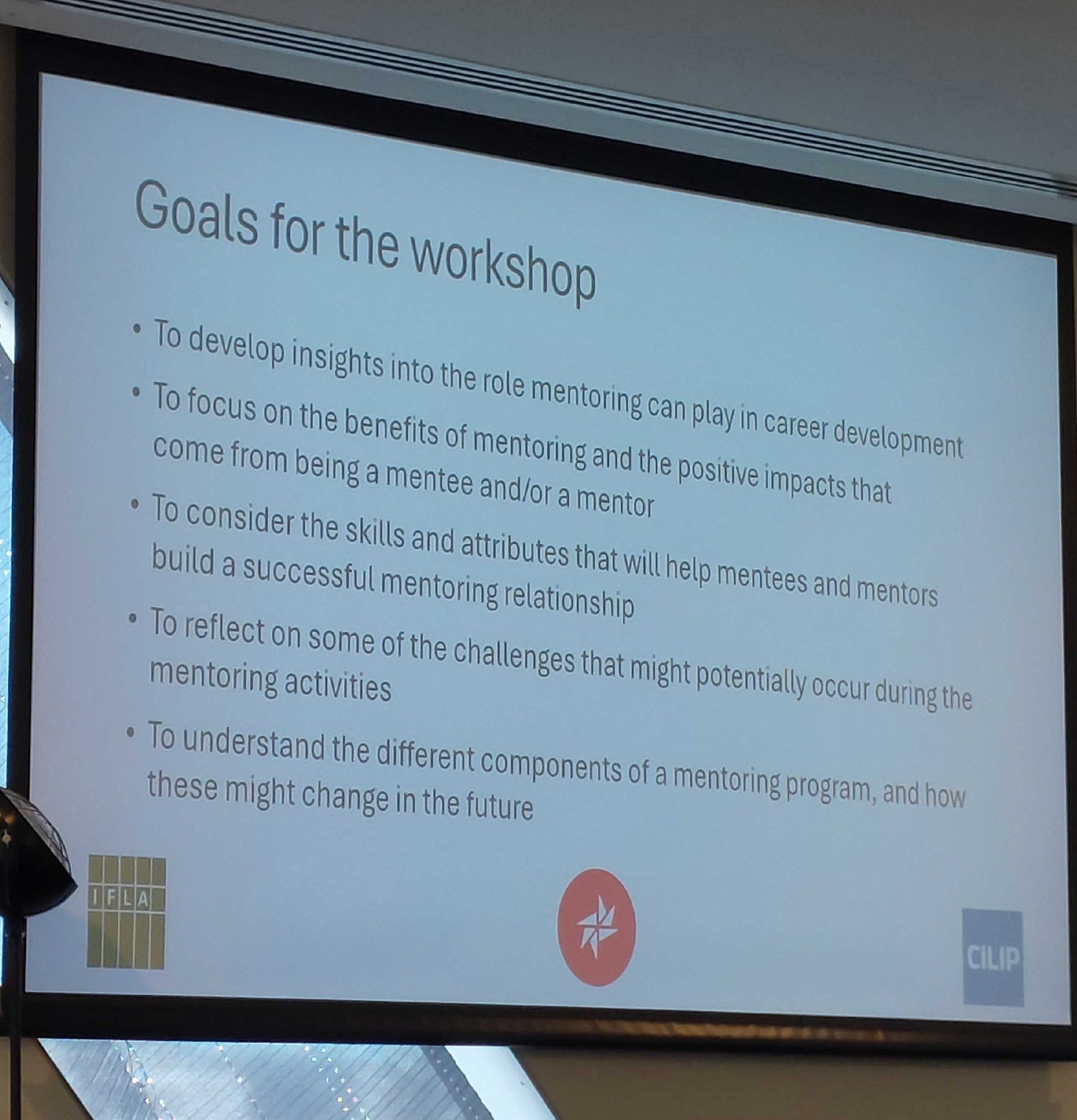 Goals for the Mentoring Mysteries Workshop Presentation slide of the goals for the Workshop.