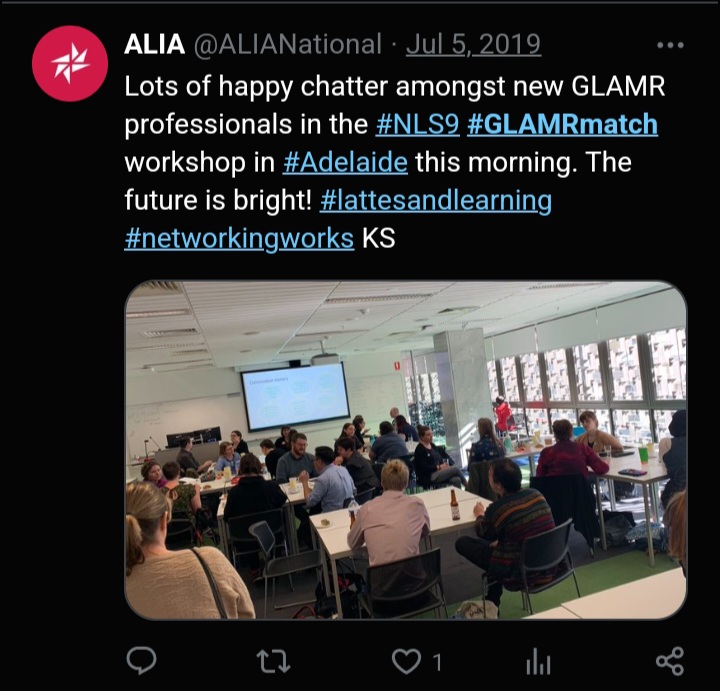 ALIA National X post from Lattes and Learning at NLS9 2019 A group of people are attending ALIA SNGG;s NLS9 workshop.