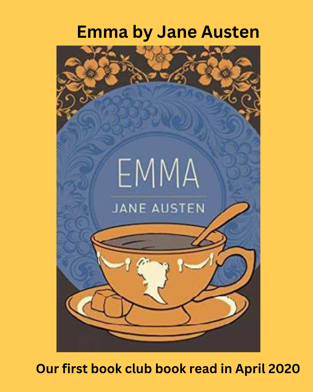 ALIASNGGBookClub Book List(1) A gold tea cup with a Cameo of Emma.