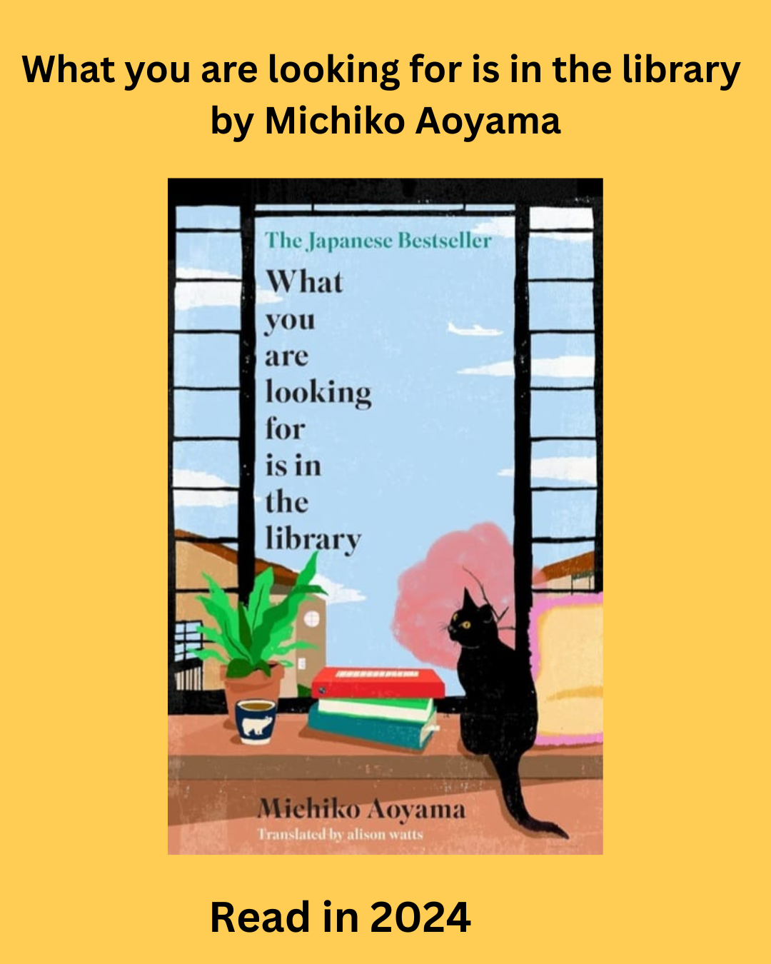ALIASNGGBookClub Book List(16) A library setting. A black cat looks out a window.