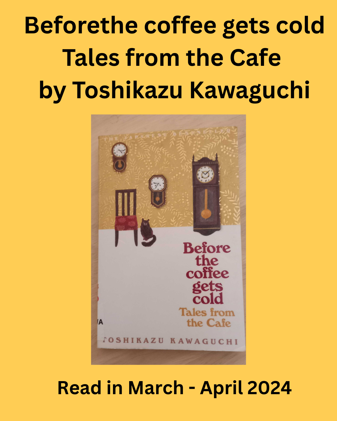ALIASNGGBookClub Book List(7) A black cat sitting in a cafe with three clocks.