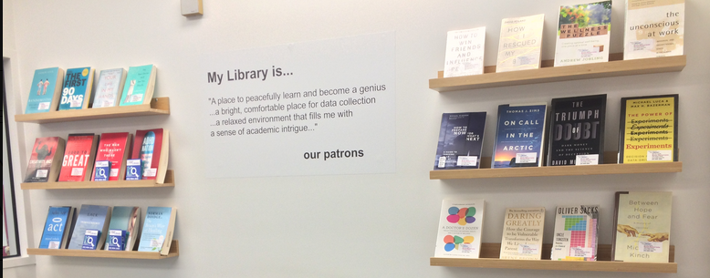 Keren Moskal X post 2021 April A library view of the Mind and Matter collection at Monash Health Library.
